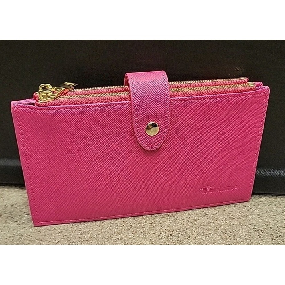 Travelambo Pink Bifold 17 Card Wallet W/ Two Gold-Toned Zipper Compartments - Picture 2 of 11